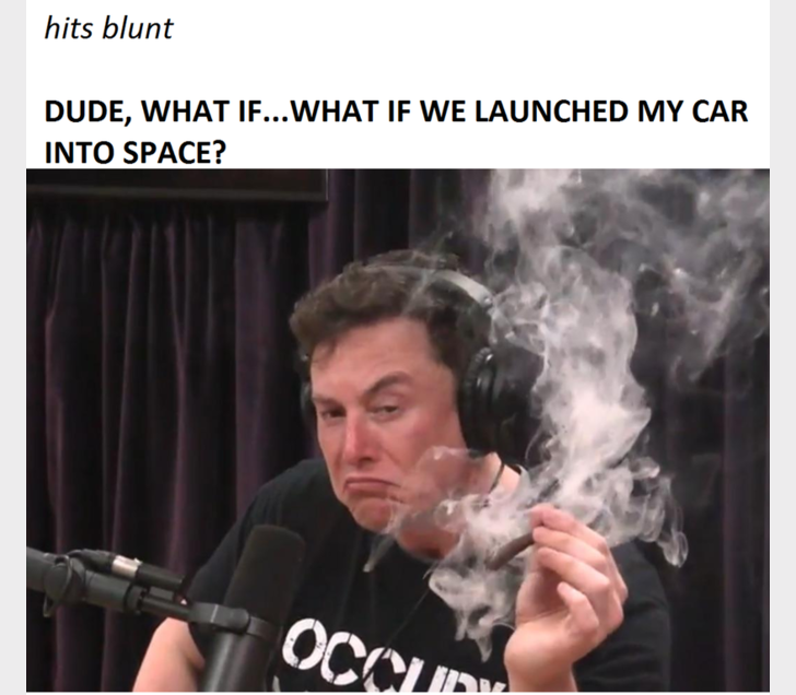 A humorous meme of Elon Musk smoking during a podcast.