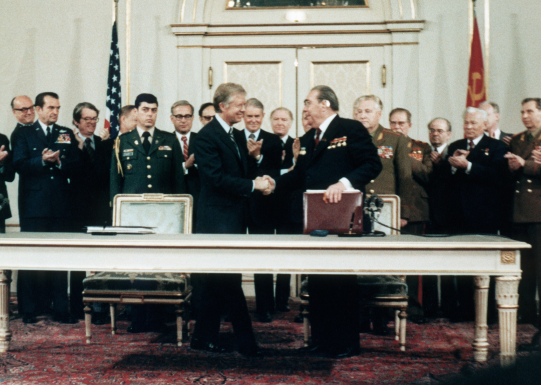 President Jimmy Carter and Leonid Brezhnev shake hands.