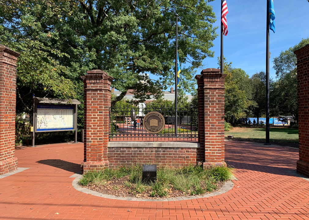 Brick columns at entry to University of Delaware campus.