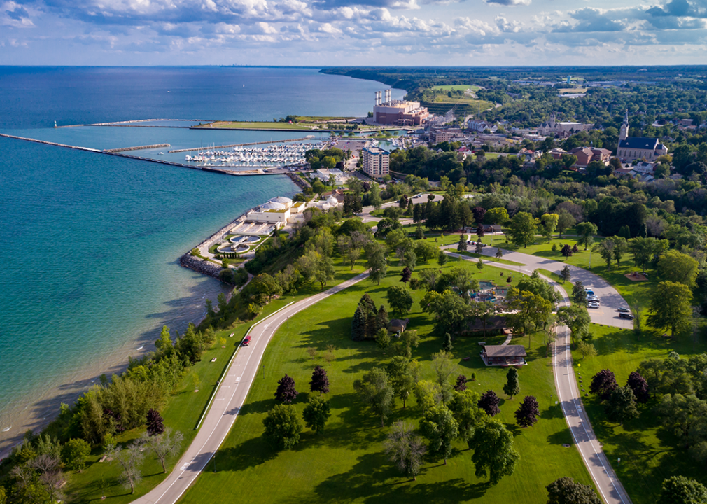 Aerial view of Upper Lake Park in Port Washington.