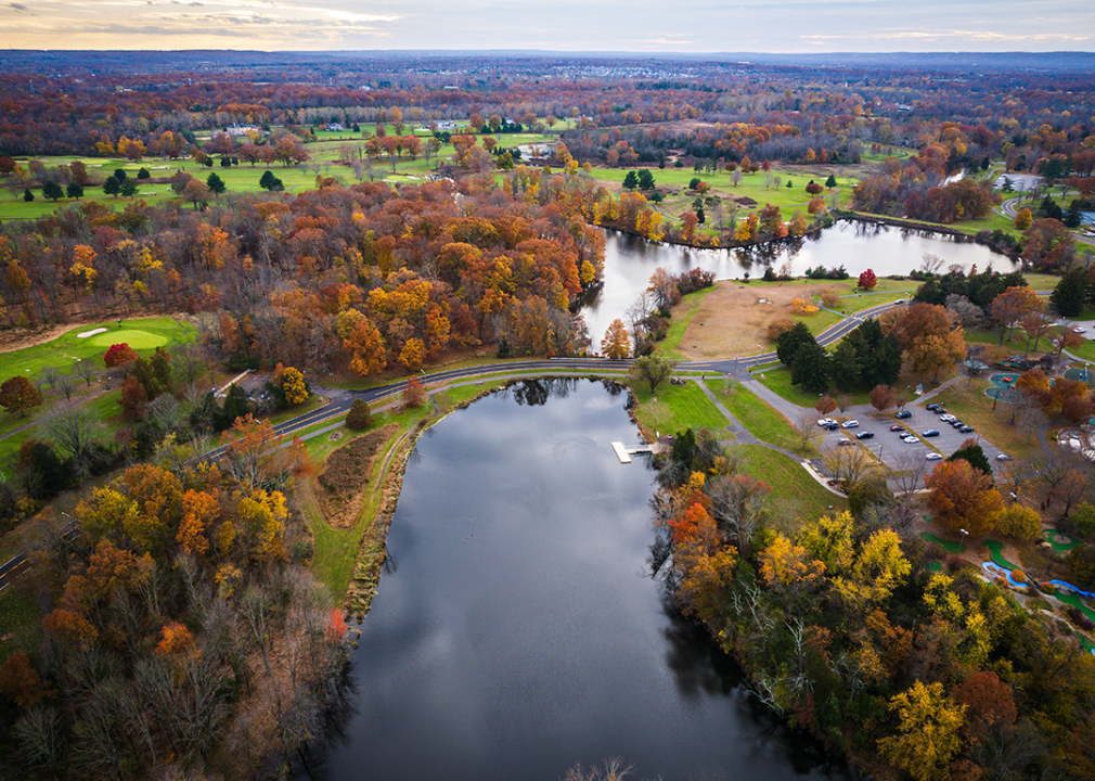 New Jersey: Somerset County Aerial view of park in autumn.
