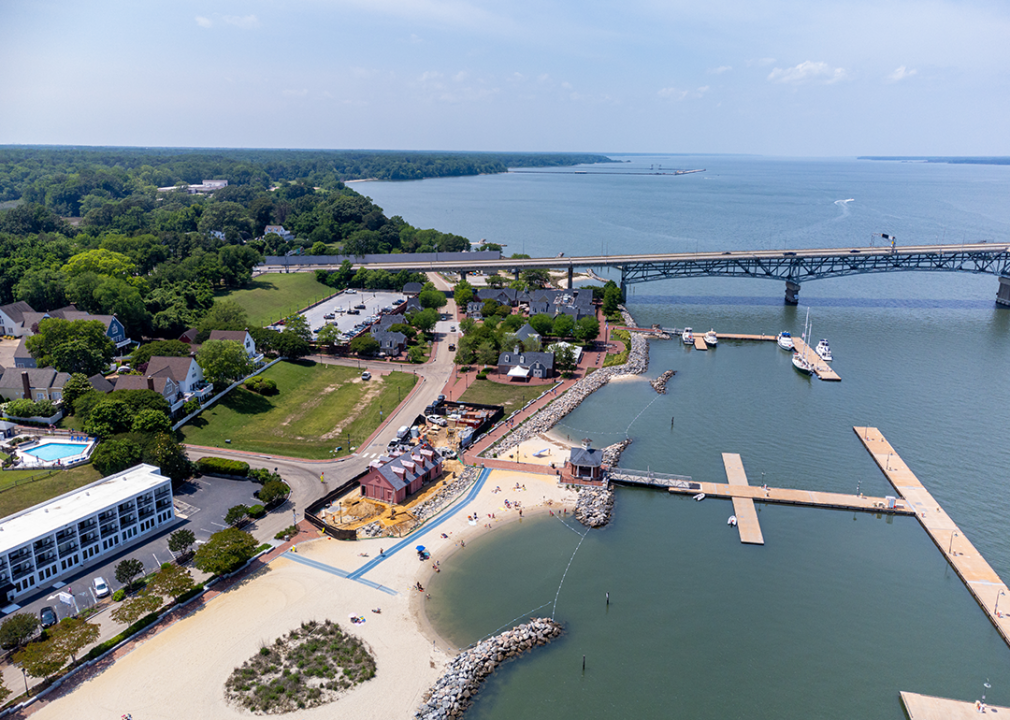 Virginia: York County Aerial view of downtown Yorktown, Virginia, with the Coleman Bridge.