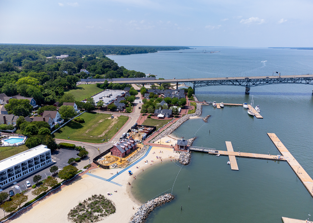 Aerial view of downtown Yorktown with the Coleman Bridge spanning the York River.