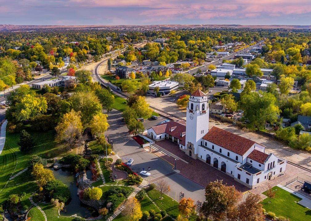 Idaho: Ada County Autumn trees and train depot in Boise.