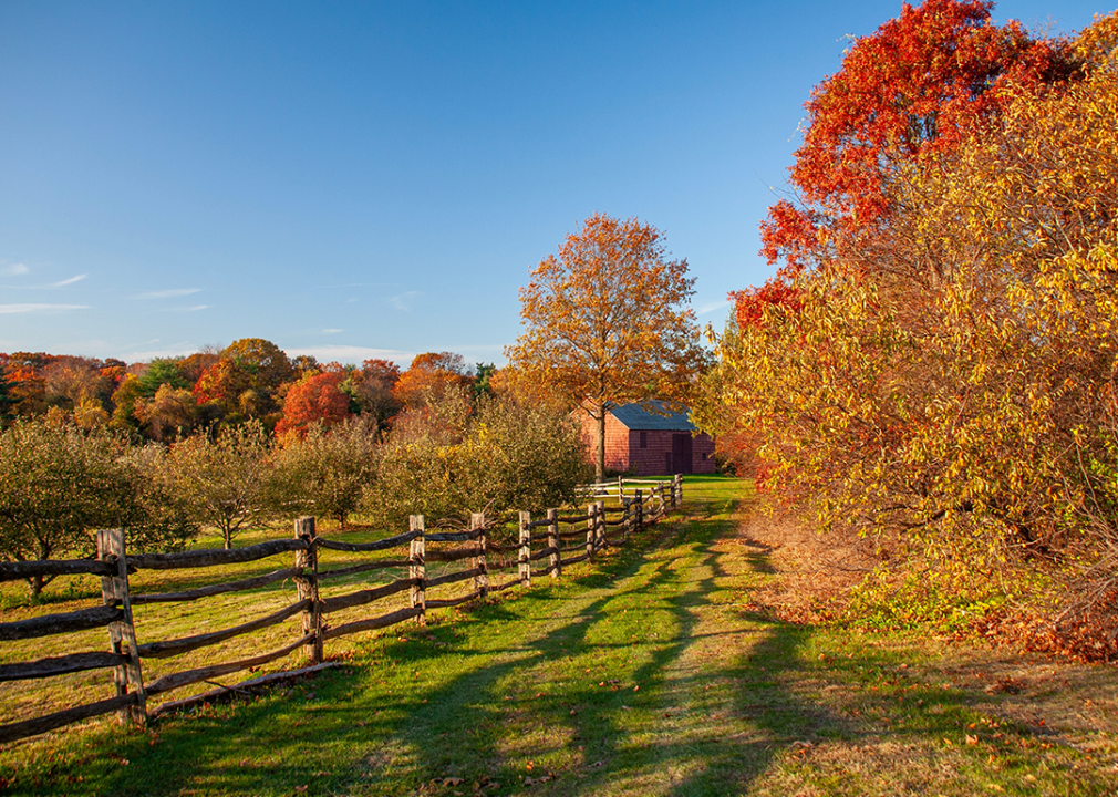 Farmland with barn in Old Bethpage in autumn.