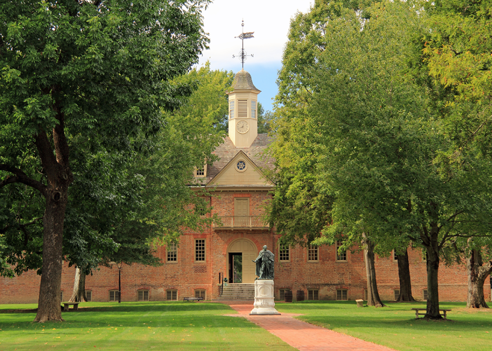 Building and statue on the campus of the College of William and Mary in Williamsburg.