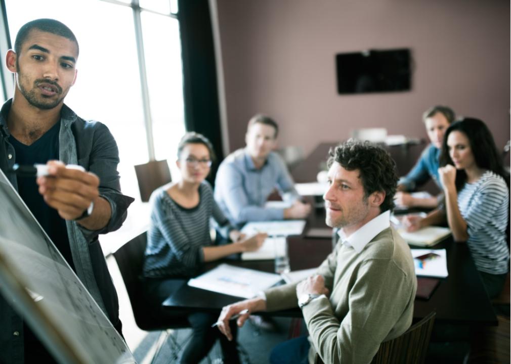 Five people sit at a conference table with their attention to a man standing in front of a white board, holding a marker, and talking to the group. 