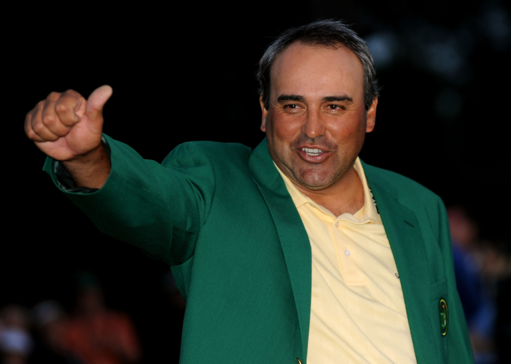 Angel Cabrera of Argentina celebrates during the green jacket presentation after winning the 2009 Masters Tournament.