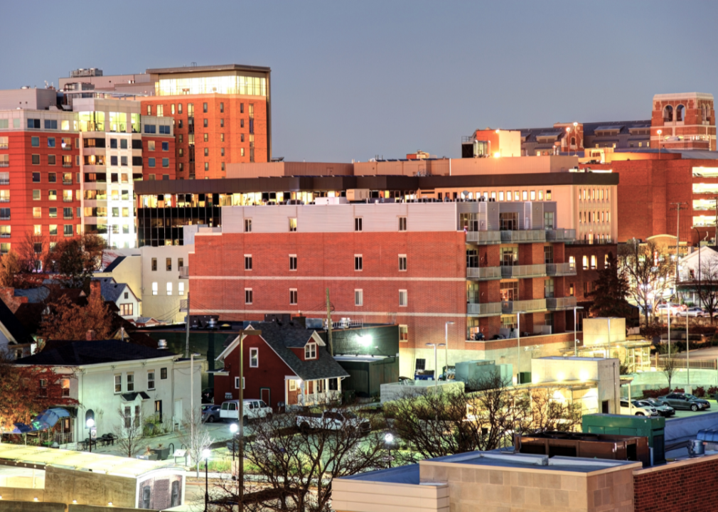 Downtown Ann Arbor, Michigan at dusk.