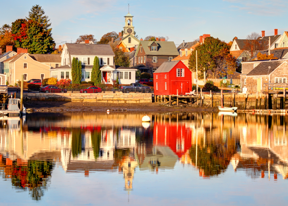 A New Hampshire townscape with a lakeside view.