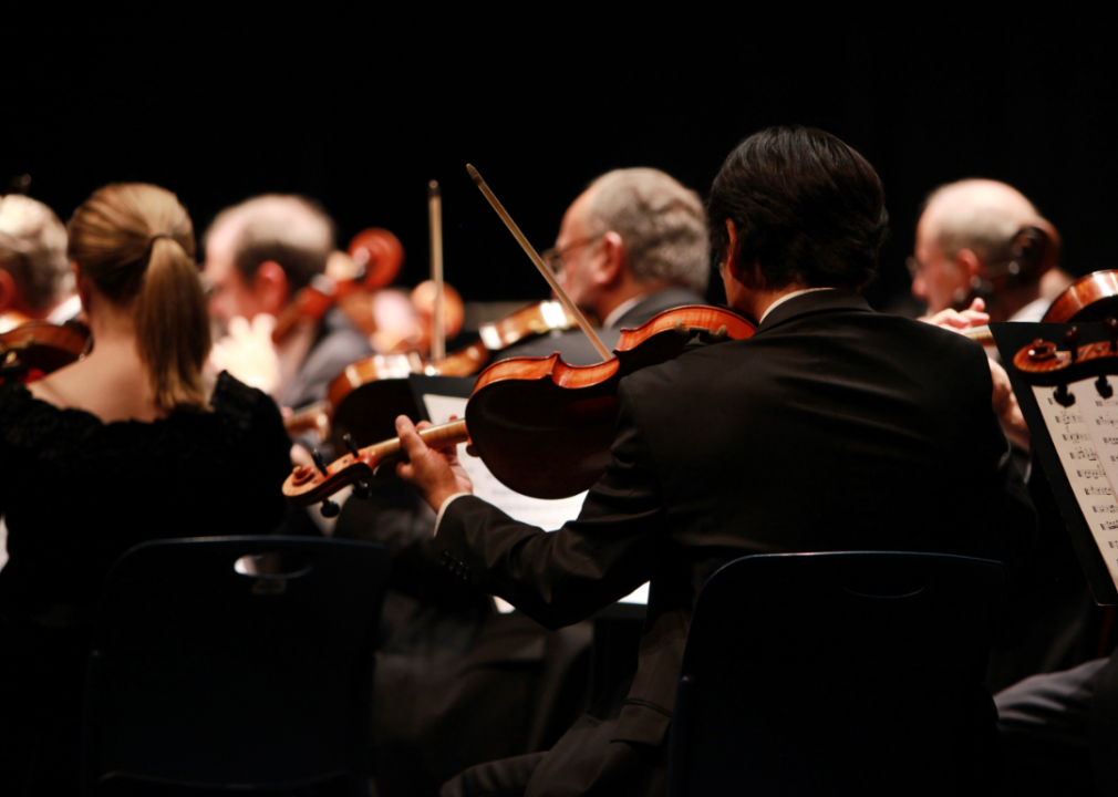 Several members of an orchestra play string instruments. 