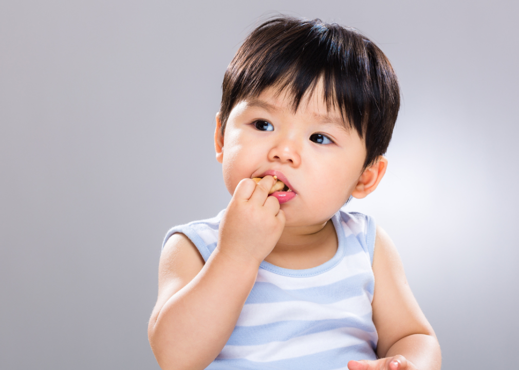 Asian baby boy eating a cookie. 