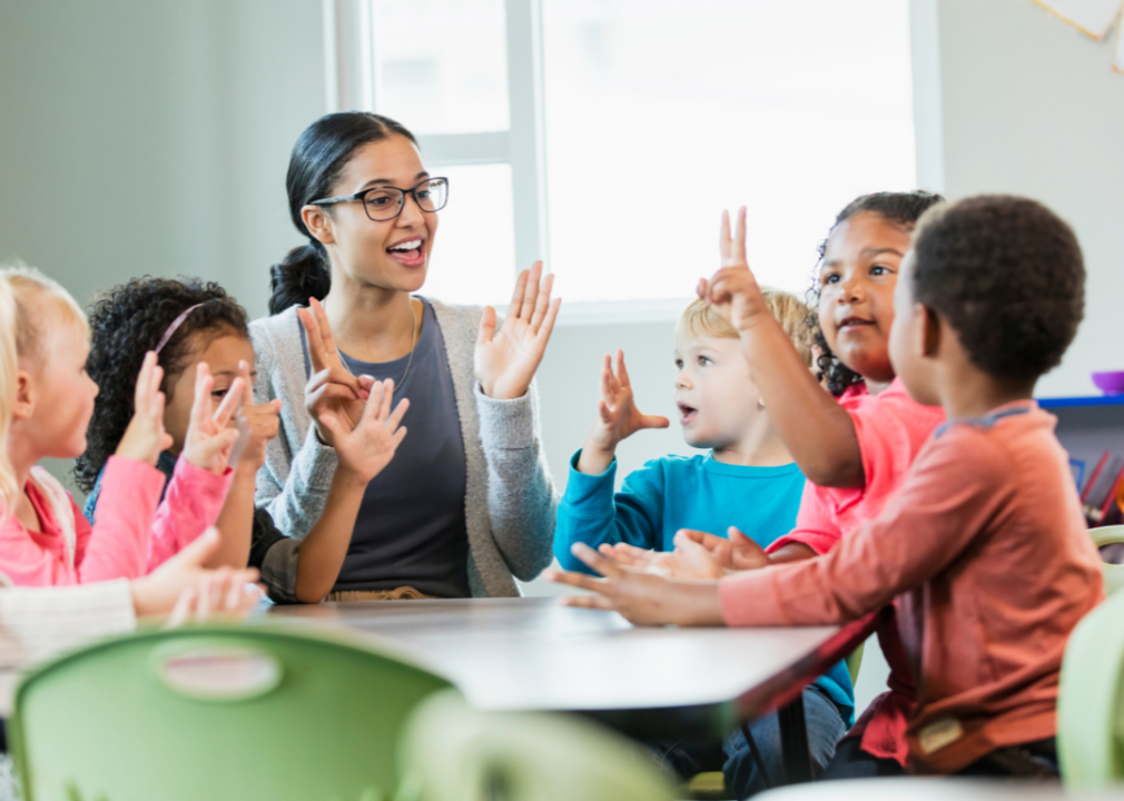 A young teacher sitting with her students at a table. 