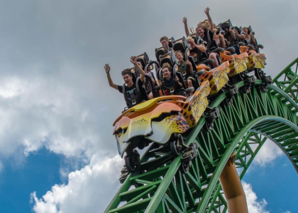 People riding a rollercoaster.