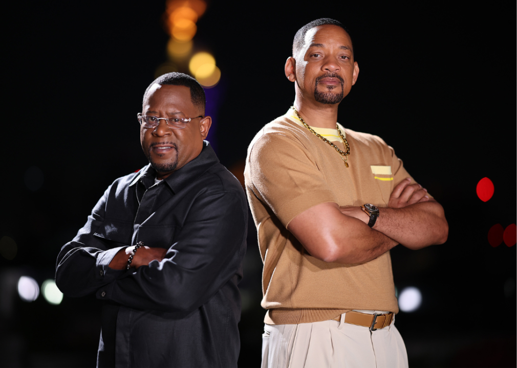 Martin Lawrence and Will Smith pose during a photoshoot for the movie 