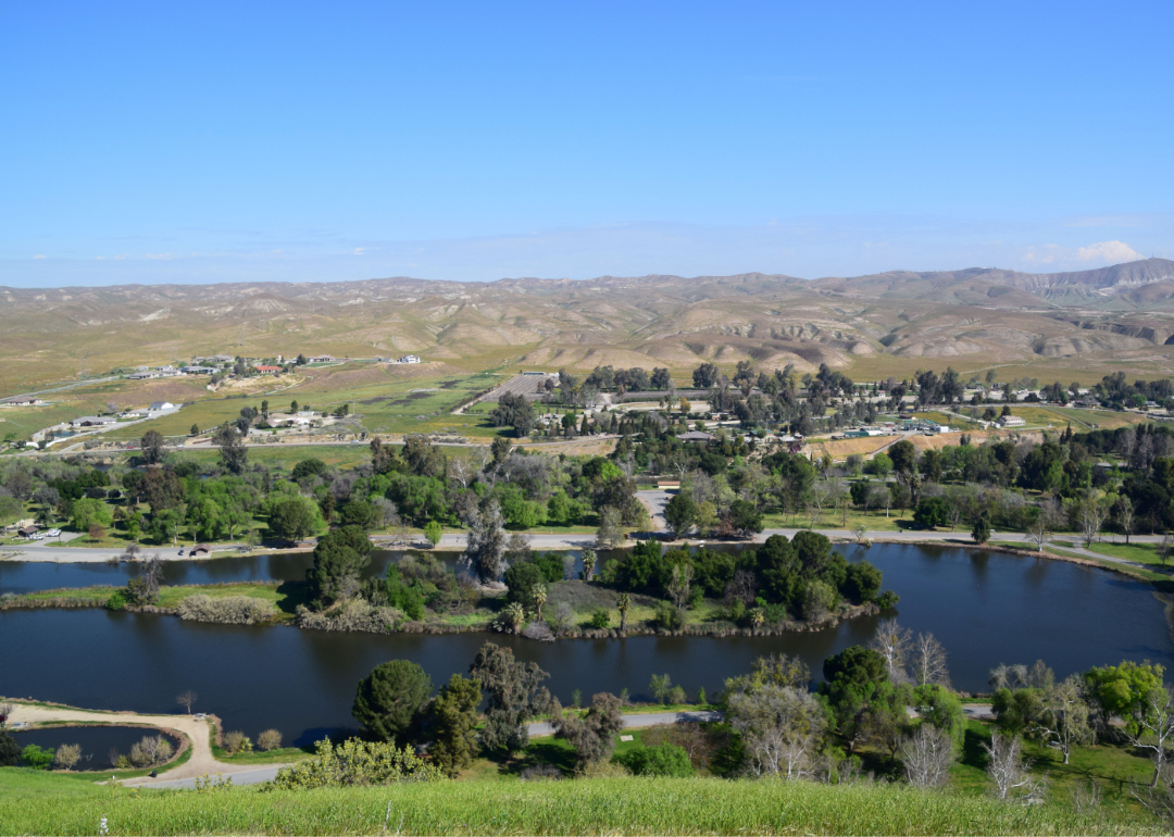 A view of a suburban area of Bakersfield from a distance. 