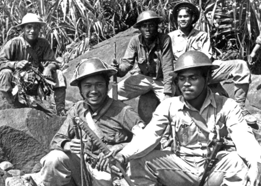 Filipino Resistance fighters with captured Japanese weapons during the Battle of Bataan, February 1942.