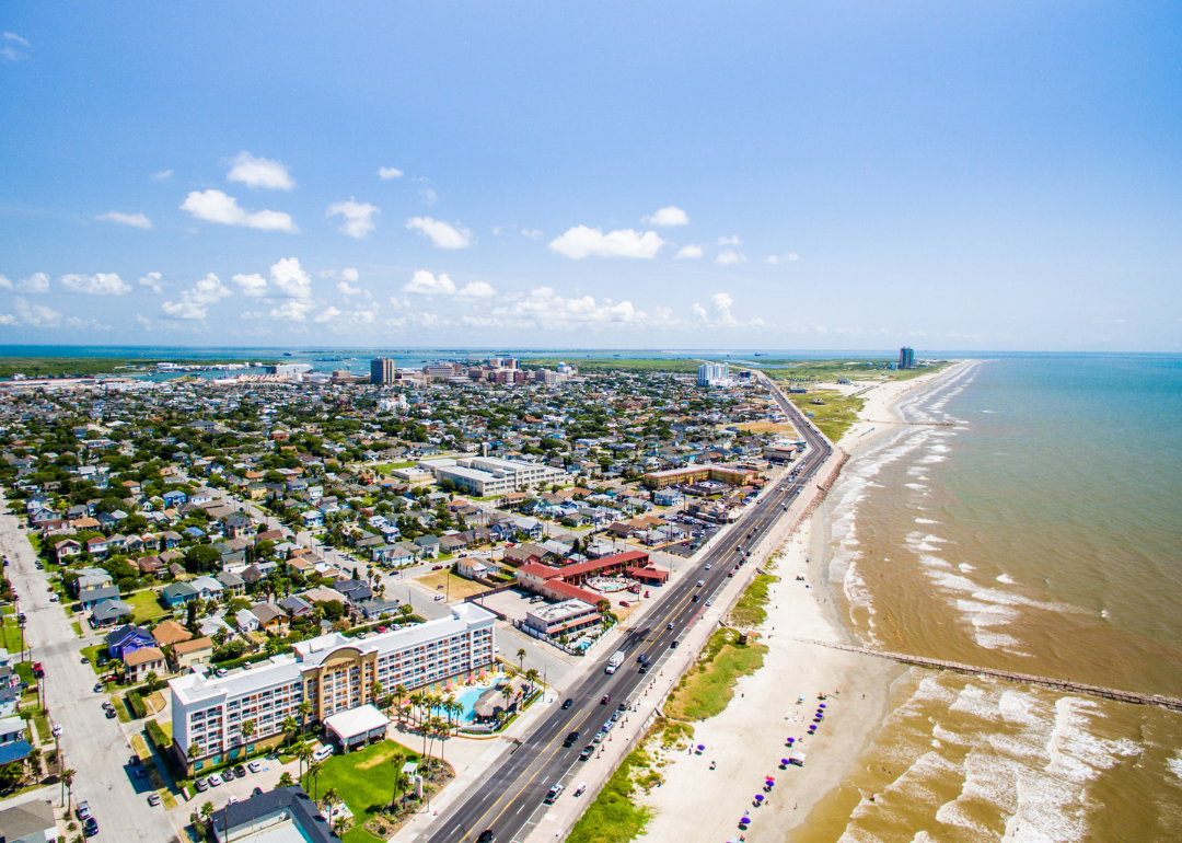 An aerial view of Galveston on the beach.