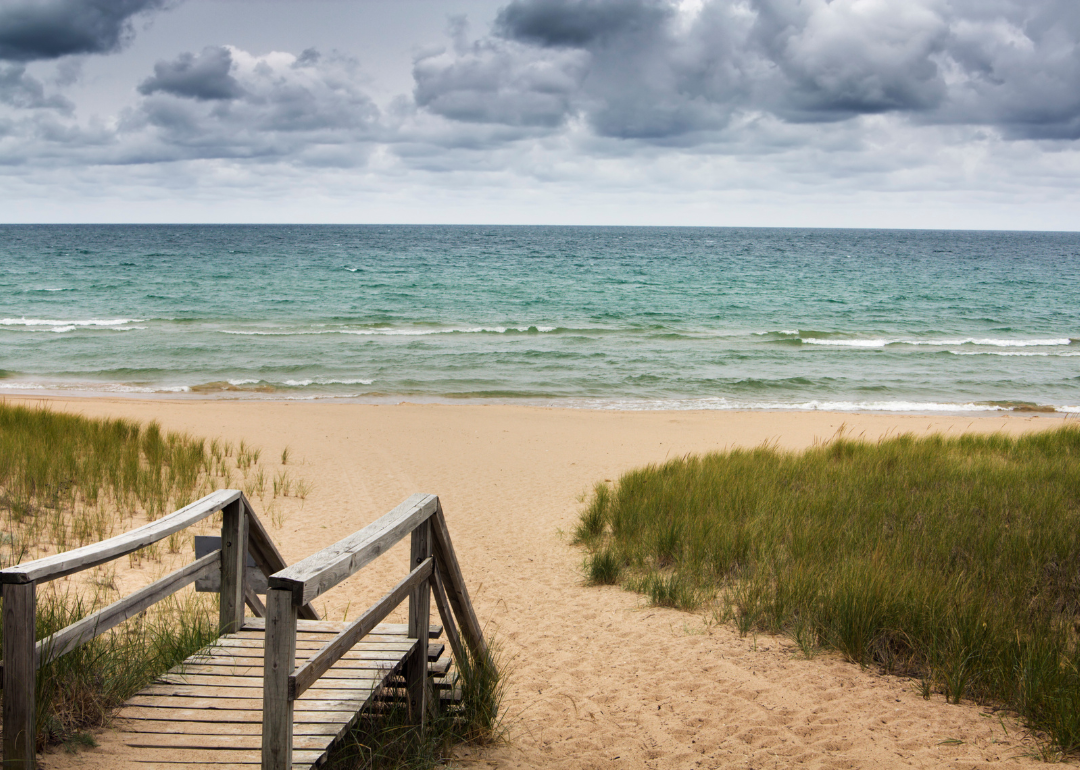 A boardwalk leading to the beach at Lake Michigan.