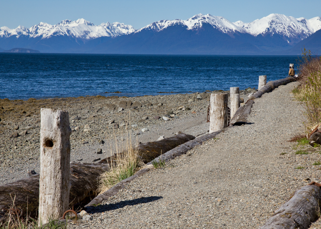 A beach trail with snow-capped mountains in the background.