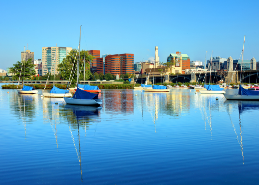 Sailboats on the water with the Cambridge skyline in the background.