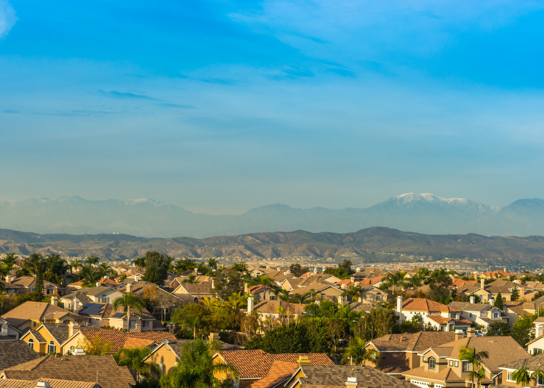 Rooftops and mountain ridge in California
