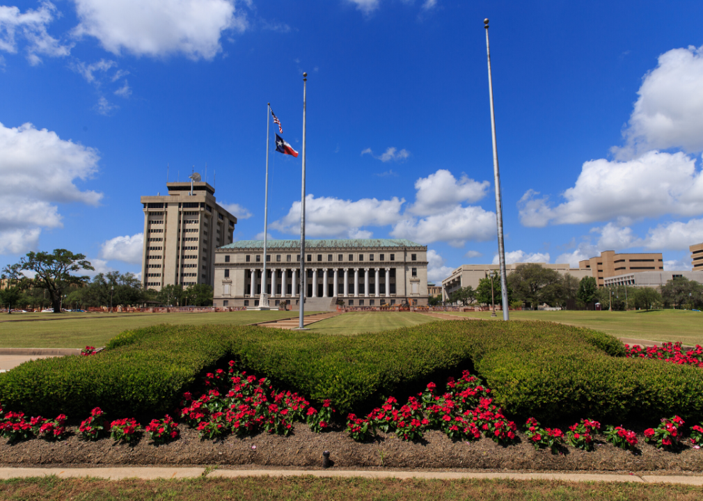 A garden and flags flying in front of Texas A&M.