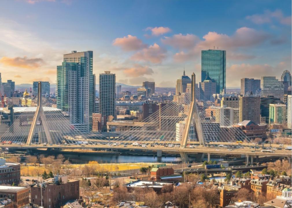 City skyline dominated by a cluster of tall skyscrapers in the center, with a mix of shorter buildings and structures spreading out towards the edges of the image with a bridge spanning the river. 