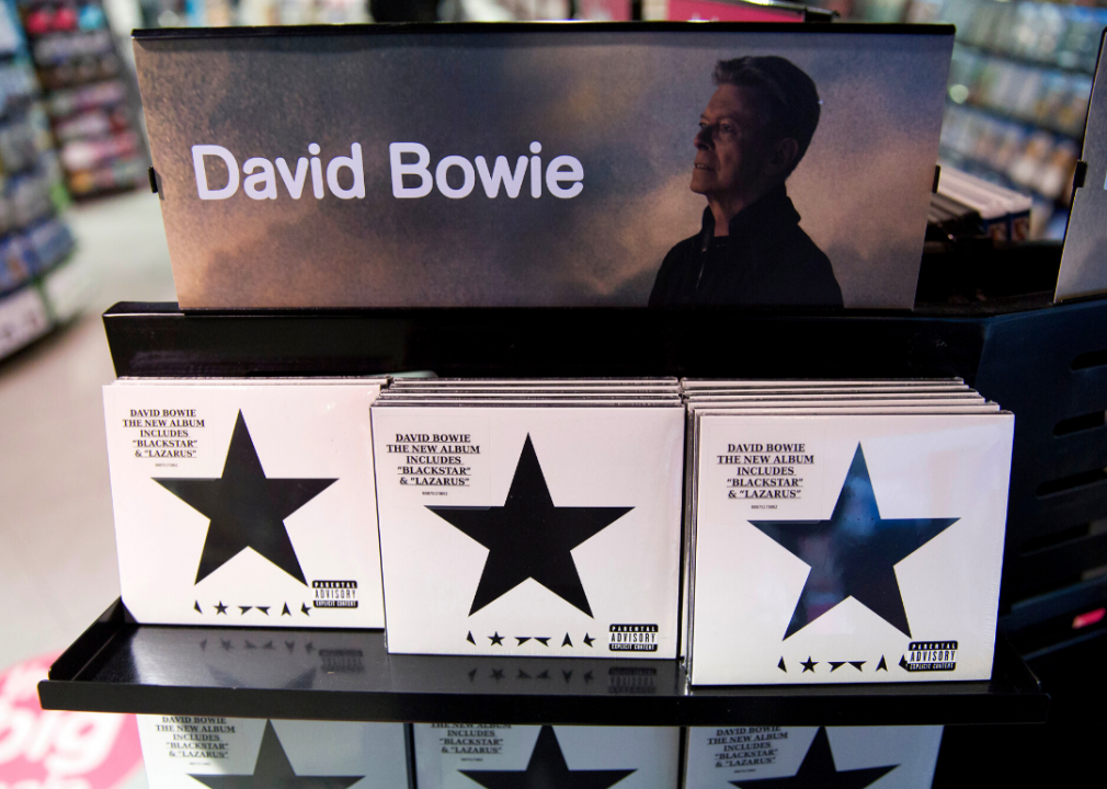A store display of David Bowie CDs with the text, David Bowie The New Album Includes Blackstar and Lazarus.