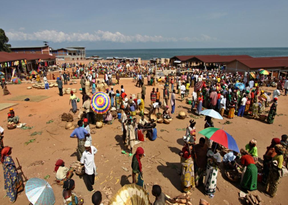 Burundian people gather at an outside market