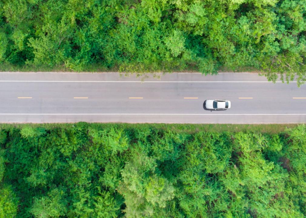 An aerial view of a car driving through a forested area.