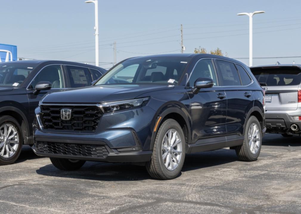 A dark blue Honda CR-V at a dealership.