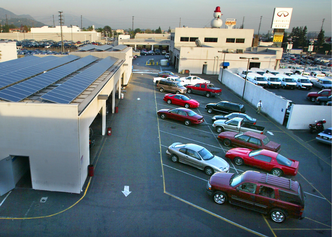 Cars parked at a dealership in 2002.