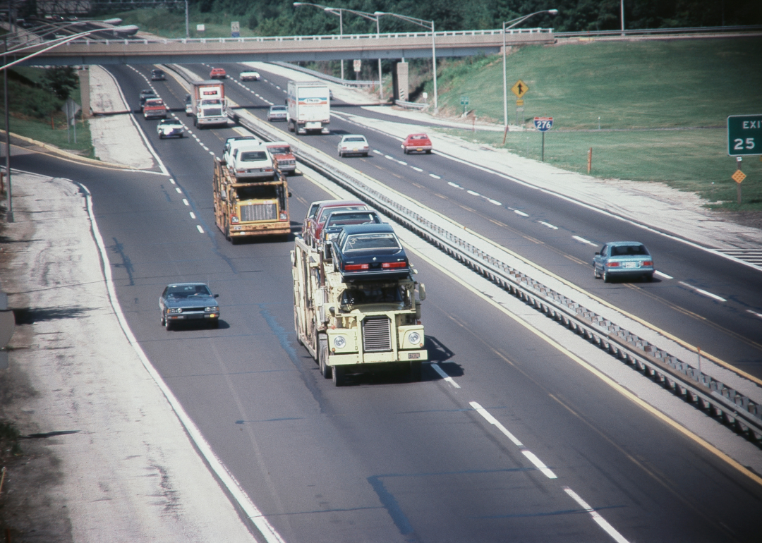 Cars driving down a highway in 1982.