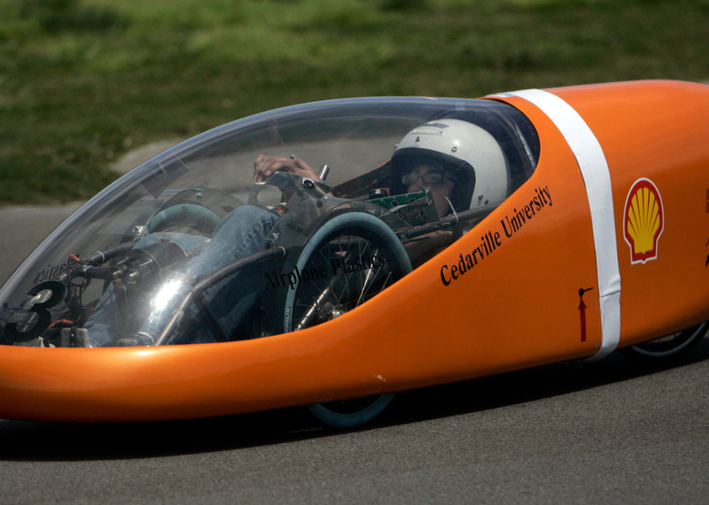 A Cedarville University student drives a low fuel efficient vehicle for a test run.