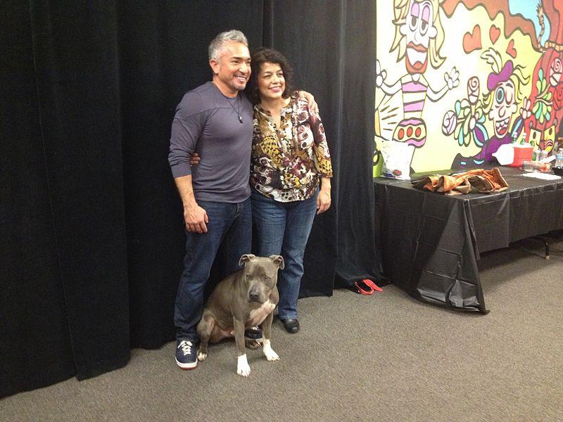 Cesar Millan poses with a dog and a fan