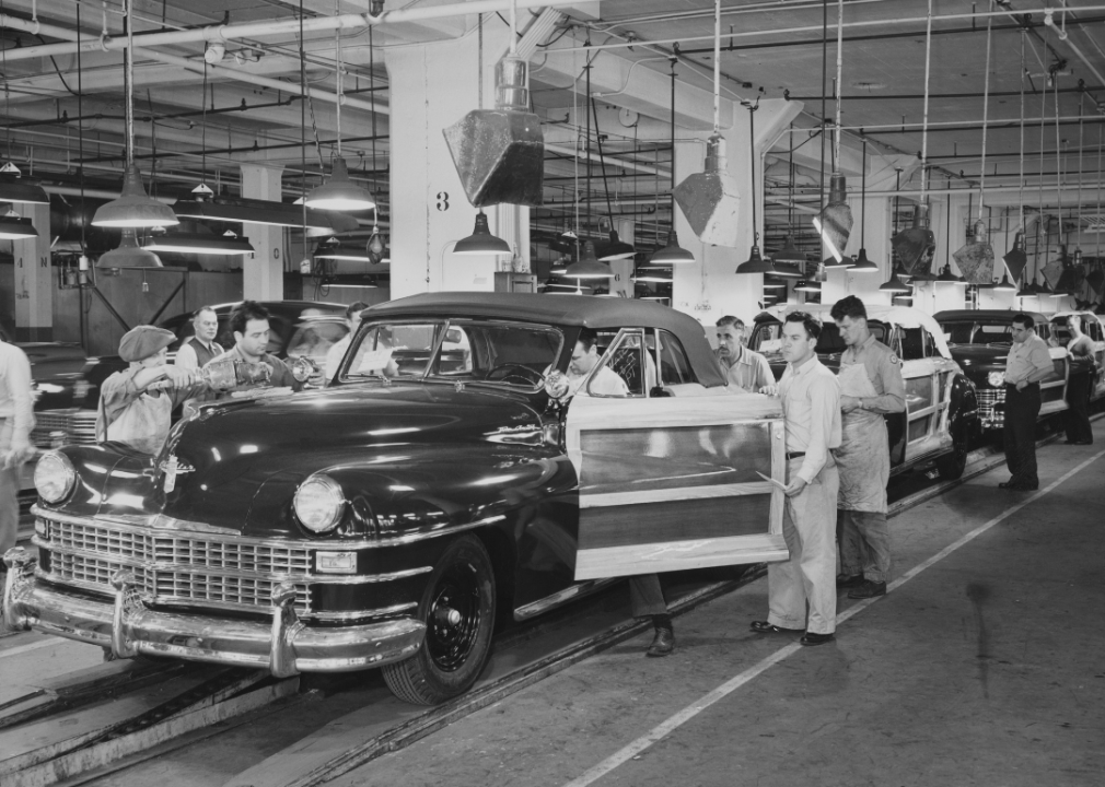 Automobile workers on the production line at the Chrysler Assembly Plant in Detroit.