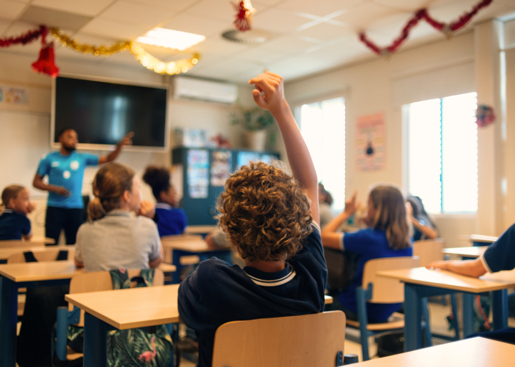 A classroom of students seen from behind listening to their teacher, with some raising their hands.