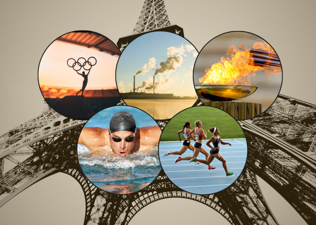 Five circular depictions of sport and climate against a backdrop of the Eiffel Tower.