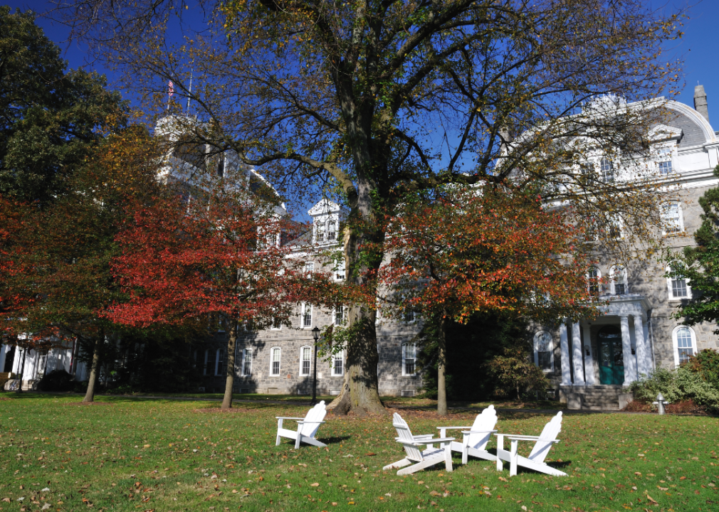 White adirondack chairs in front of Swarthmore.