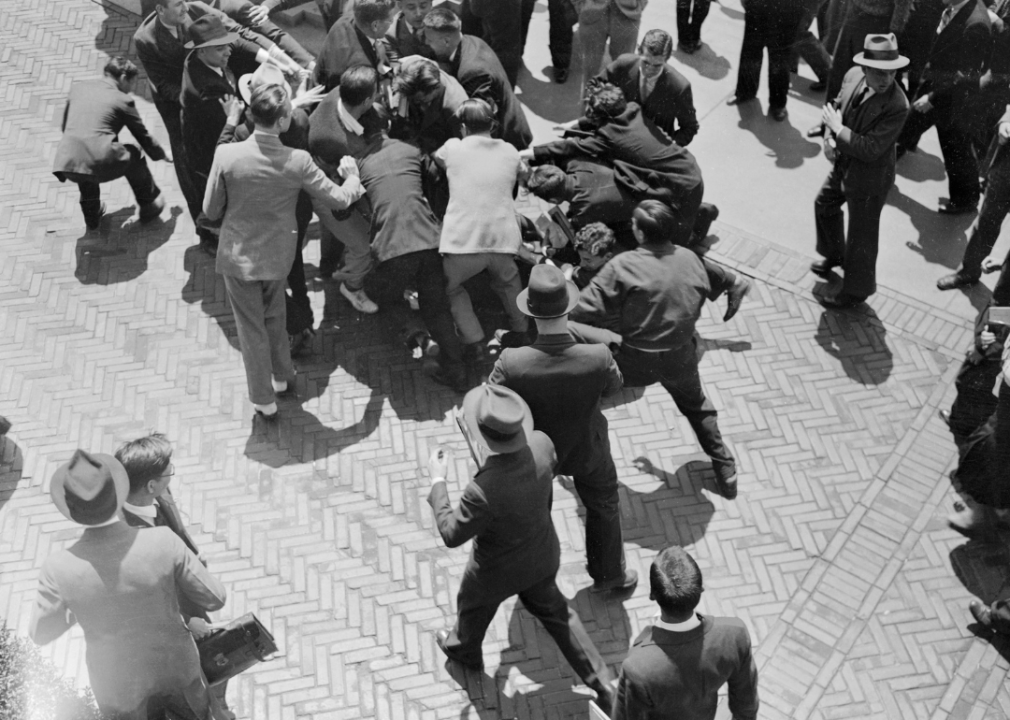 Students battle at Columbia University, New York, in 1933, in defense of "academic freedom."