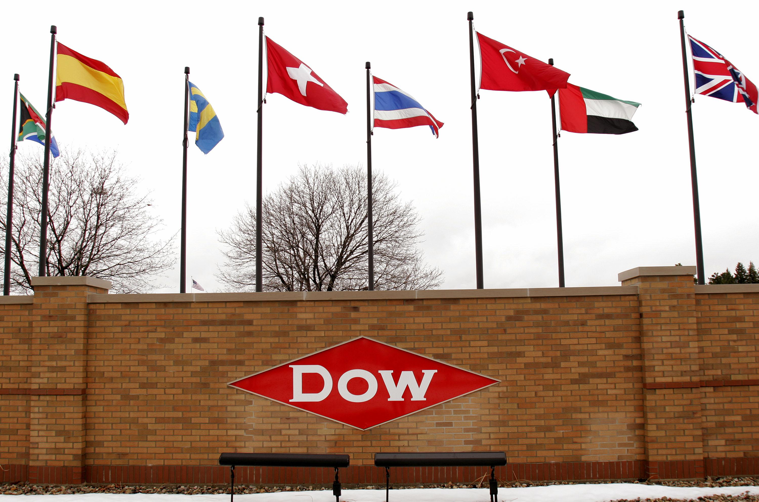 A brick entrance to Dow with various flags.