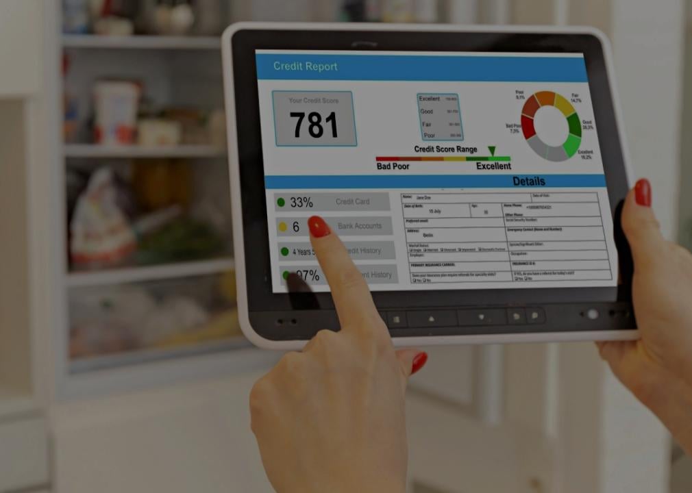 The image shows a person holding a tablet that displays a credit report, with a credit score of 781. The screen also contains details about credit card usage, bank accounts, and credit history.
