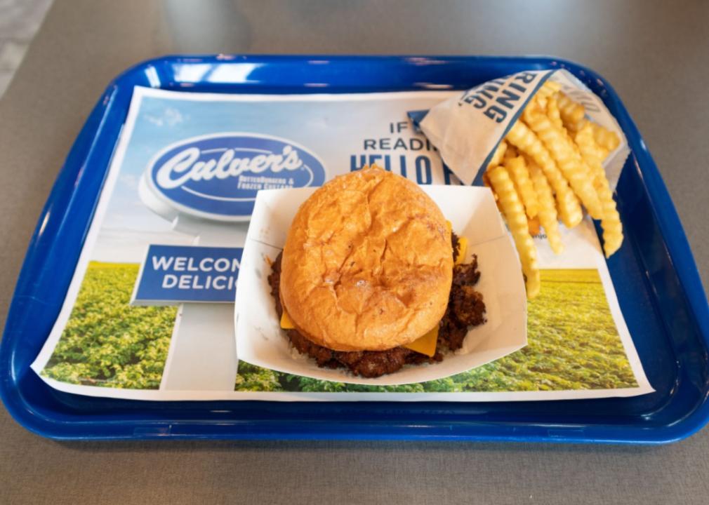 A Culver's burger and fries meal.