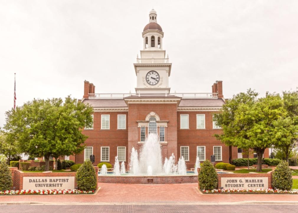 John G. Mahler Student Center with a fountain and clocktower at Dallas Baptist University.