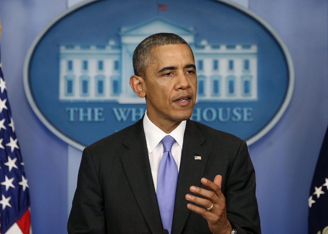 President Barack Obama speaking in the Brady Press Briefing Room at the White House after the U.S. Senate voted to end the government shutdown and raise the debt limit on October 16, 2013, in Washington D.C.