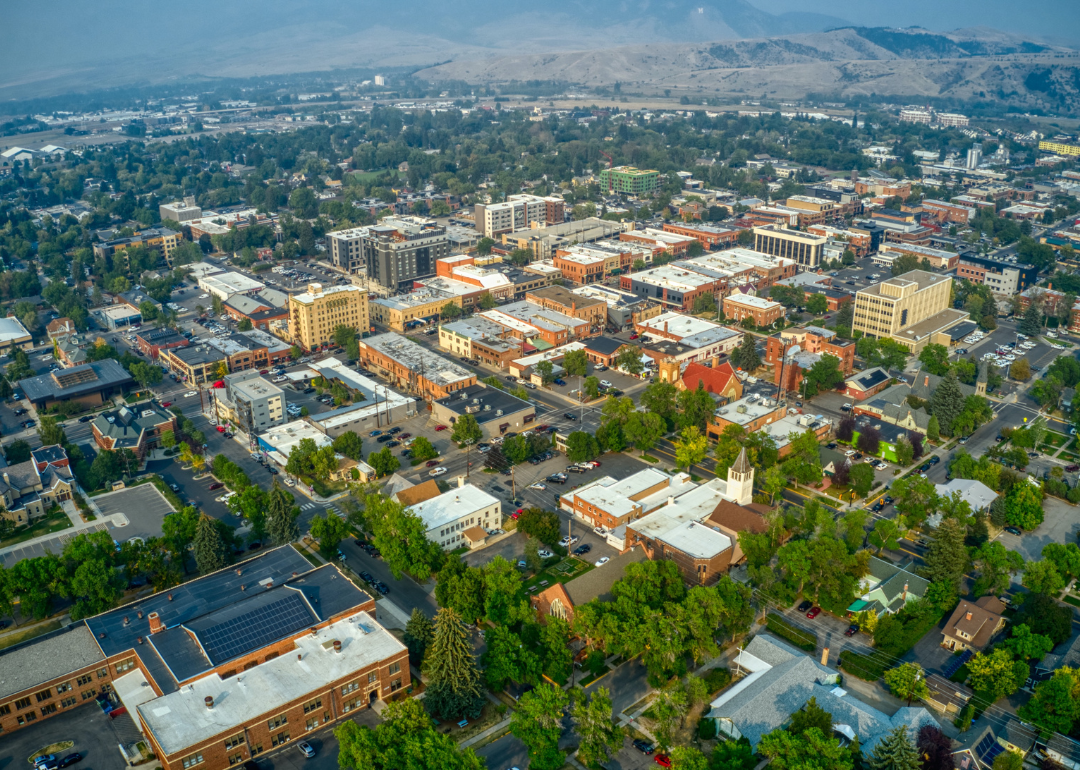 An aerial view of downtown Bozeman.