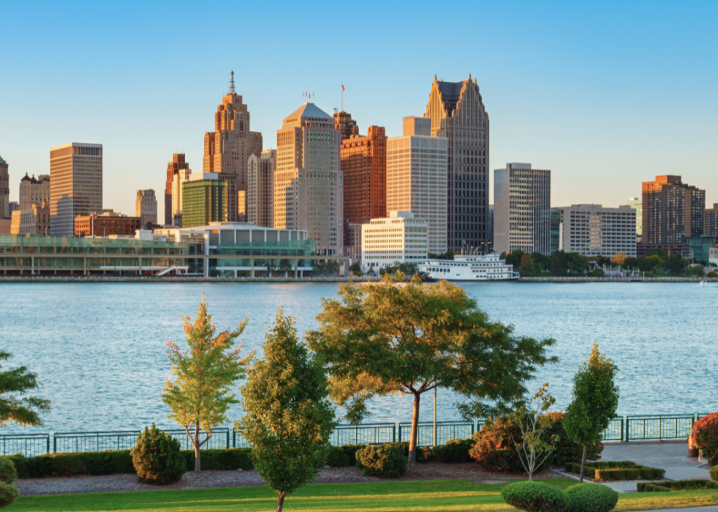 A view across the river of the Detroit skyline.