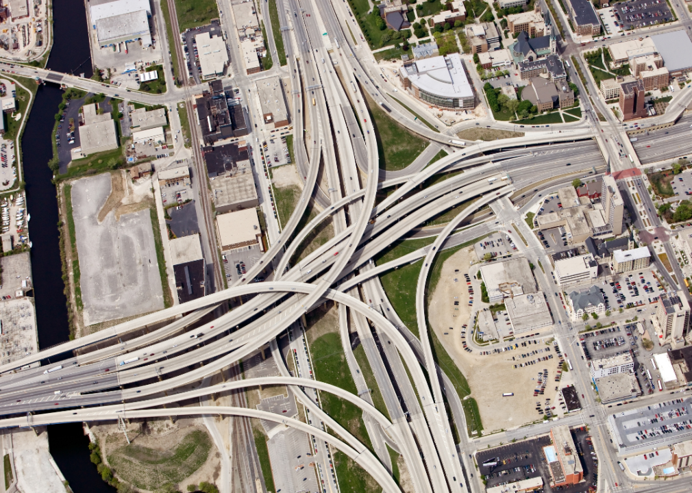 An aerial view of a large highway interchange.