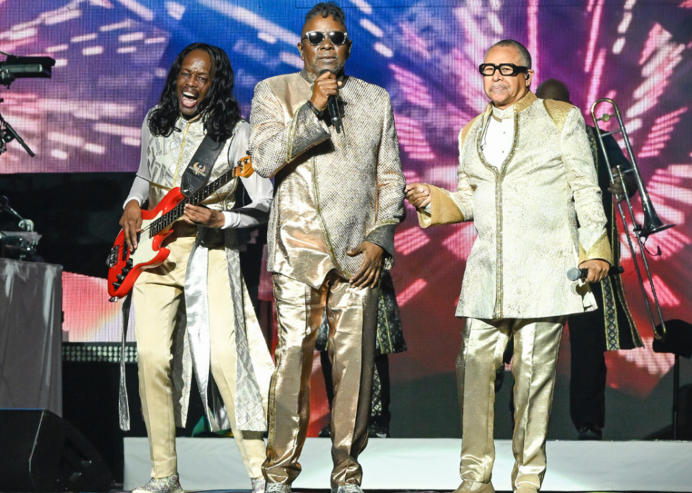 Ralph Johnson, Philip Bailey, and Verdine White of Earth, Wind and Fire perform at Chase Center in 2023 in San Francisco.